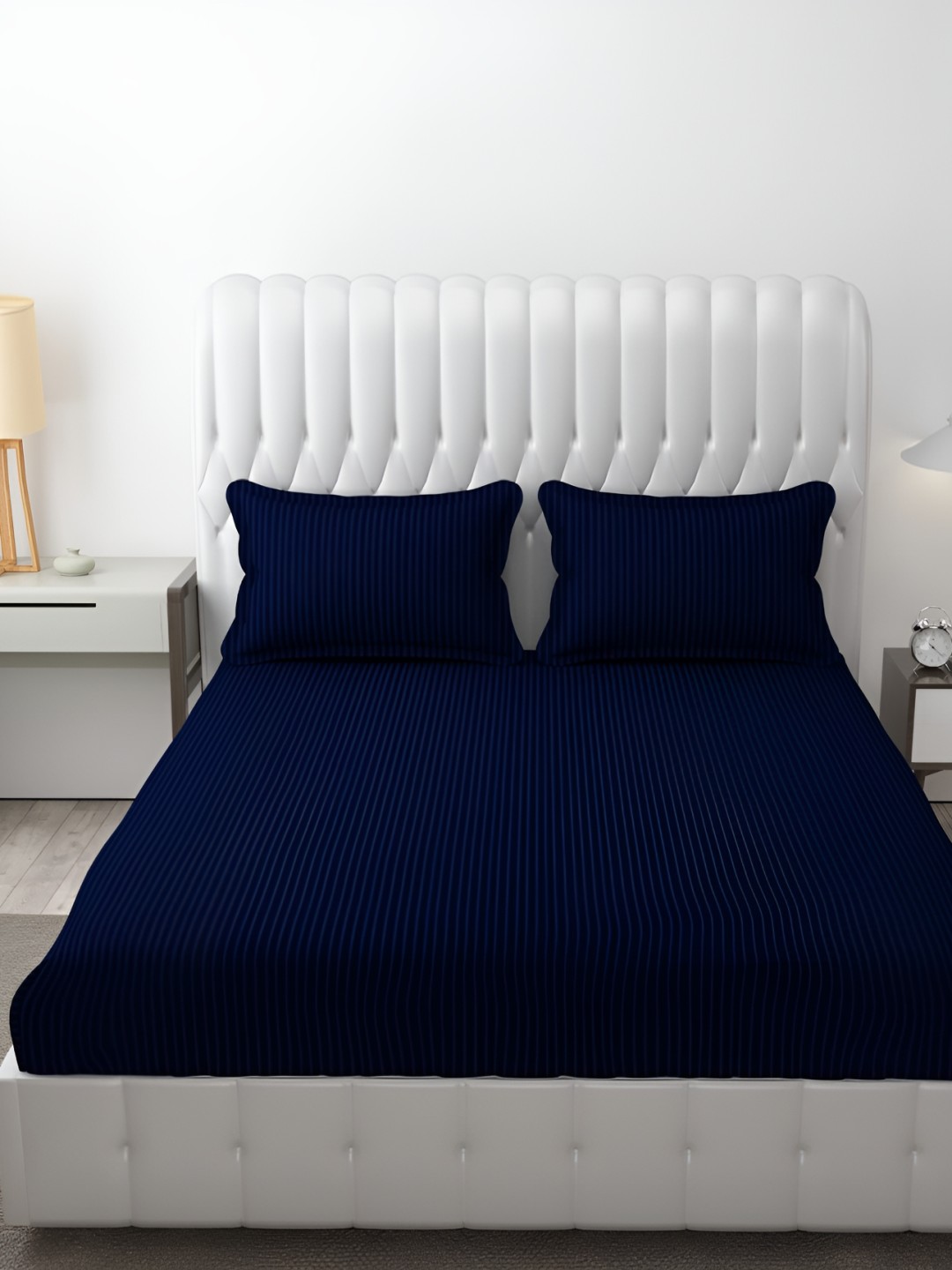 

HOMECRUST Navy Blue Striped 180 TC Queen Fitted Bedsheet With 2 Pillow Covers