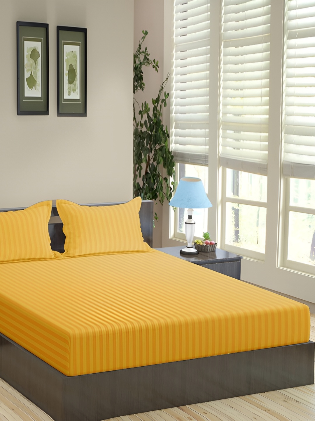 

HOMECRUST Yellow Striped 180 TC Queen Fitted Bedsheet With 2 Pillow Covers