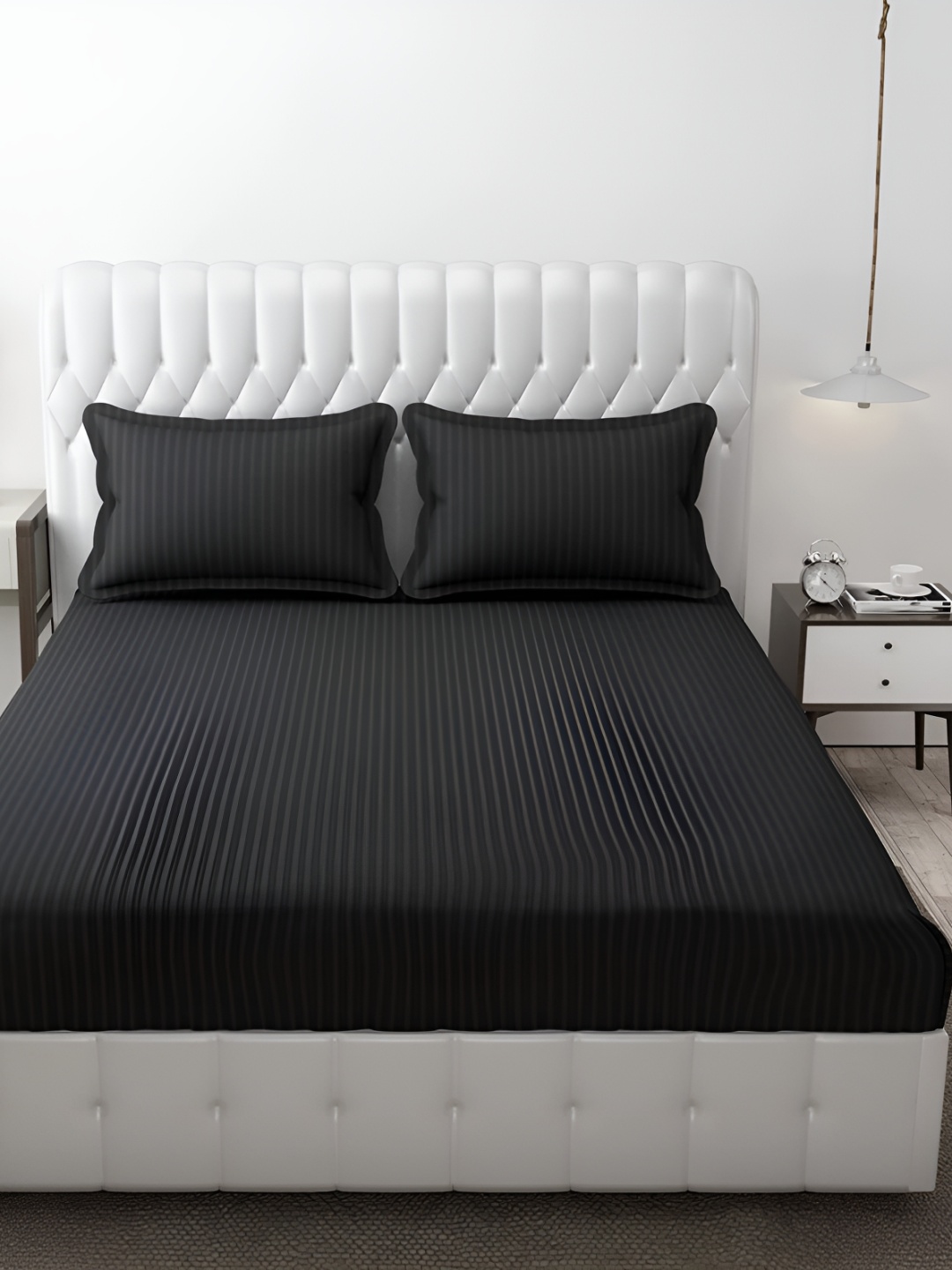 

HOMECRUST Grey Striped 180 TC Queen Fitted Bedsheet With 2 Pillow Covers