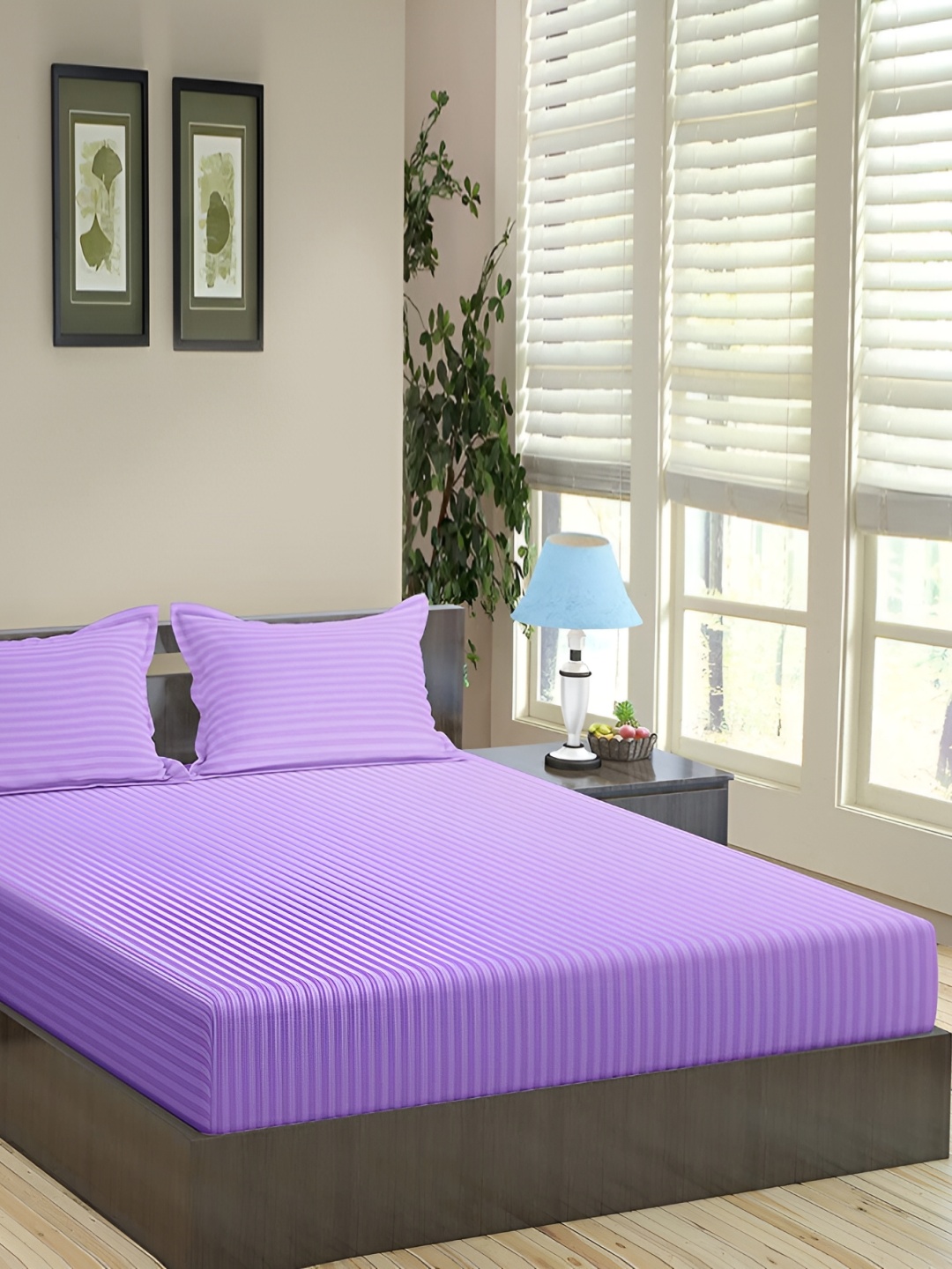 

HOMECRUST Lavender Striped 180 TC Queen Fitted Bedsheet With 2 Pillow Covers