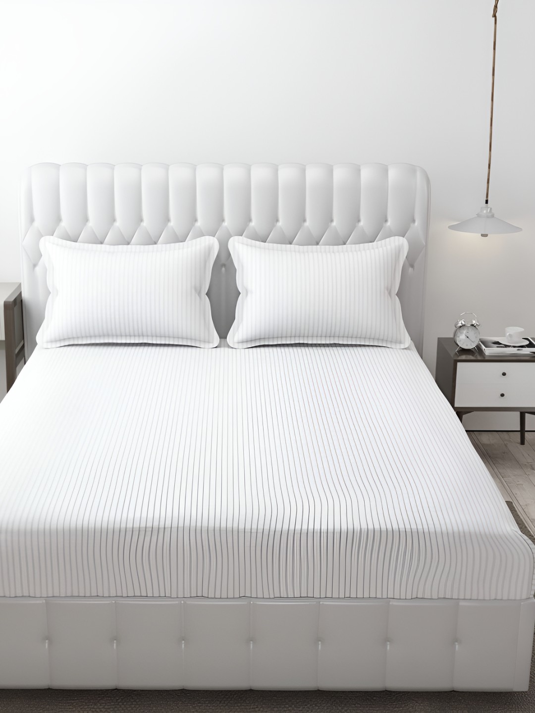 

HOMECRUST White Striped 180 TC Queen Fitted Bedsheet With 2 Pillow Covers