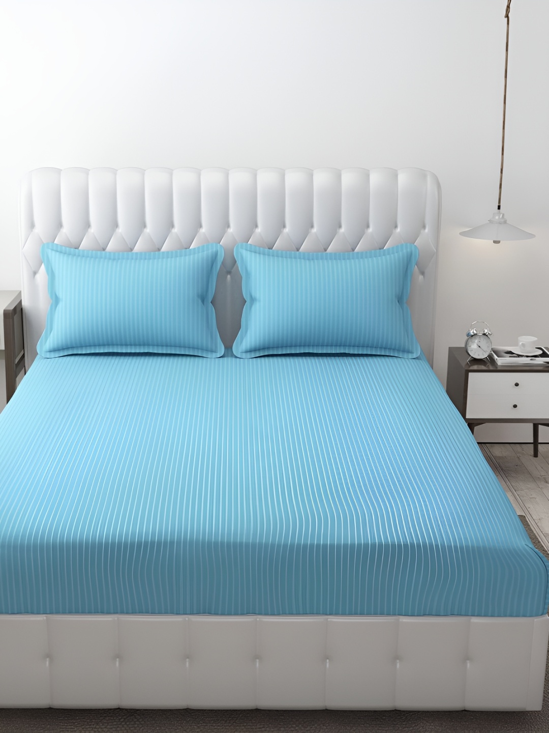 

HOMECRUST Turquoise Blue Striped 180 TC Queen Fitted Bedsheet With 2 Pillow Covers