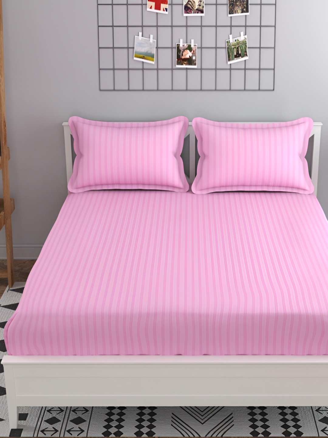

HOMECRUST Pink Striped 180 TC Queen Fitted Bedsheet With 2 Pillow Covers