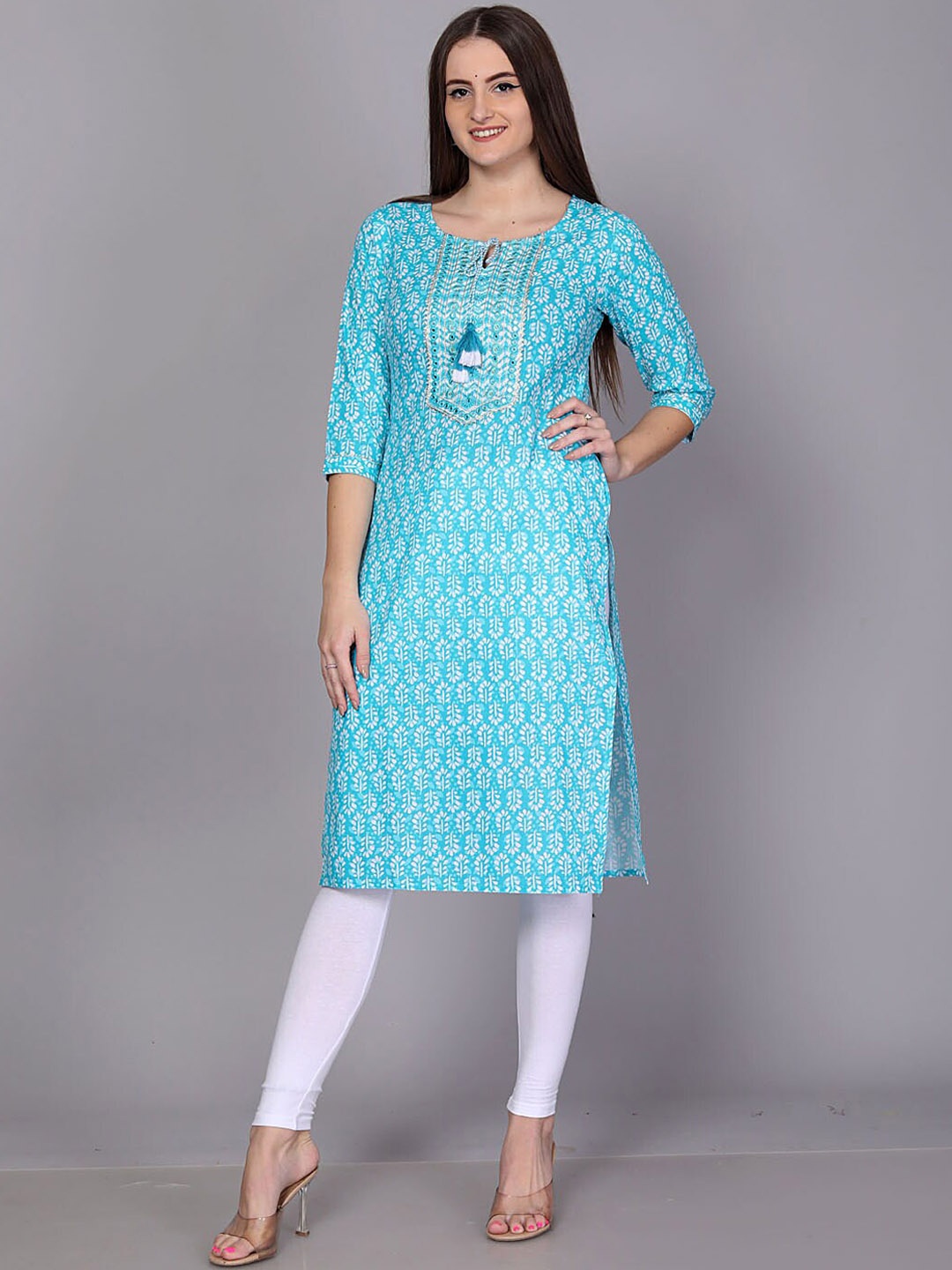 

KALINI Ethnic Motifs Printed Tie-Up Neck Mirror Work Cotton Straight Kurta, Blue