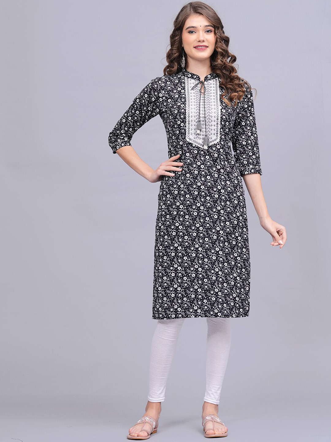 

KALINI Floral Printed Tie-Up Neck Cotton Straight Kurta, Black