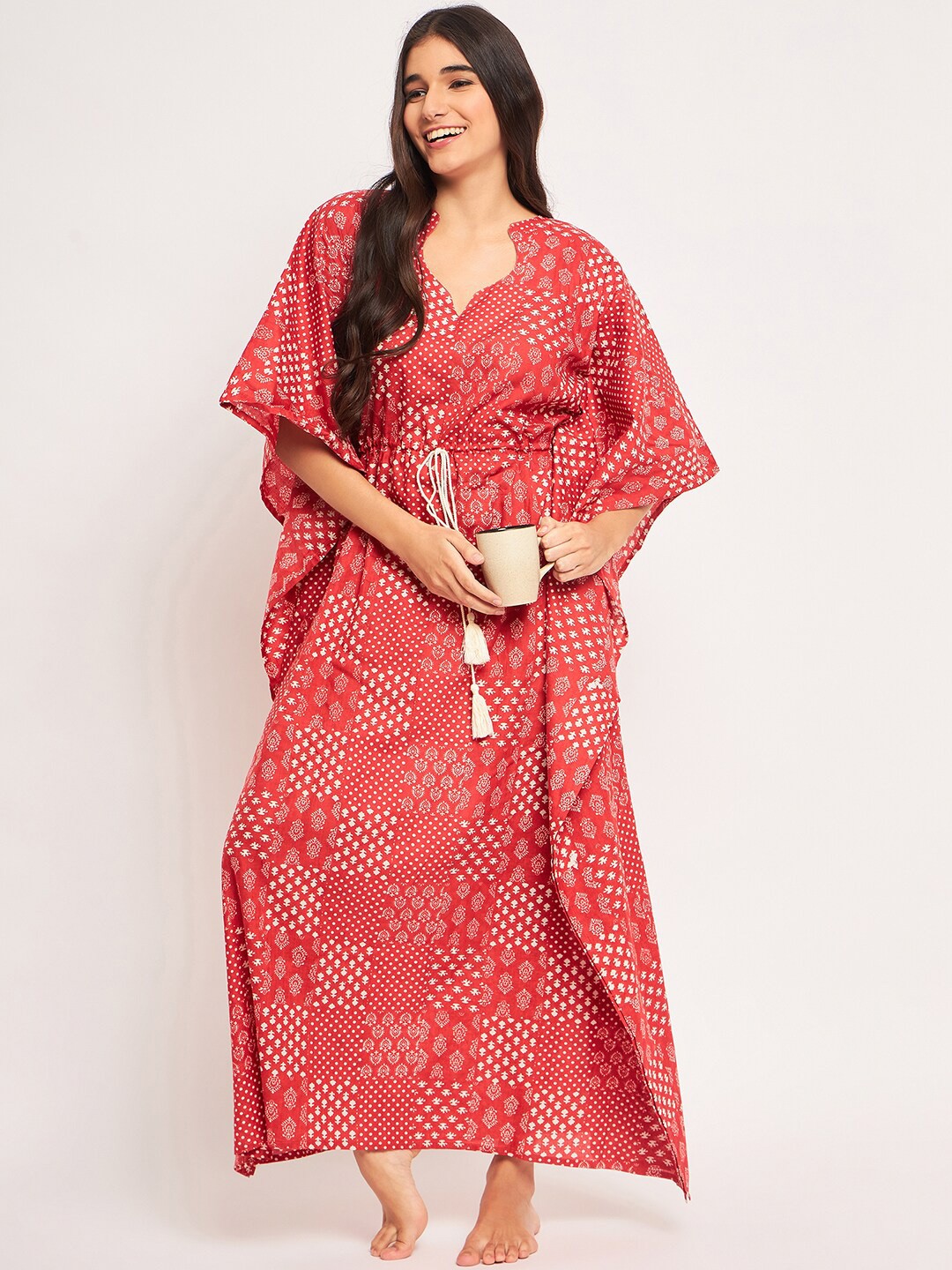 

The Kaftan Company Printed Cotton Kaftan Maxi Nightdress, Red