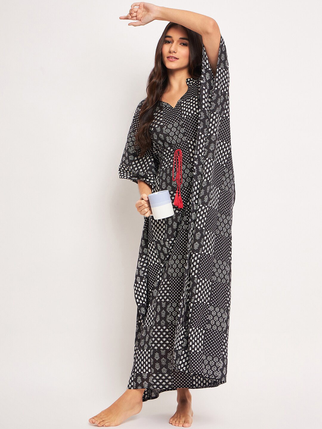 

The Kaftan Company Printed Cotton Kaftan Maxi Nightdress, Black
