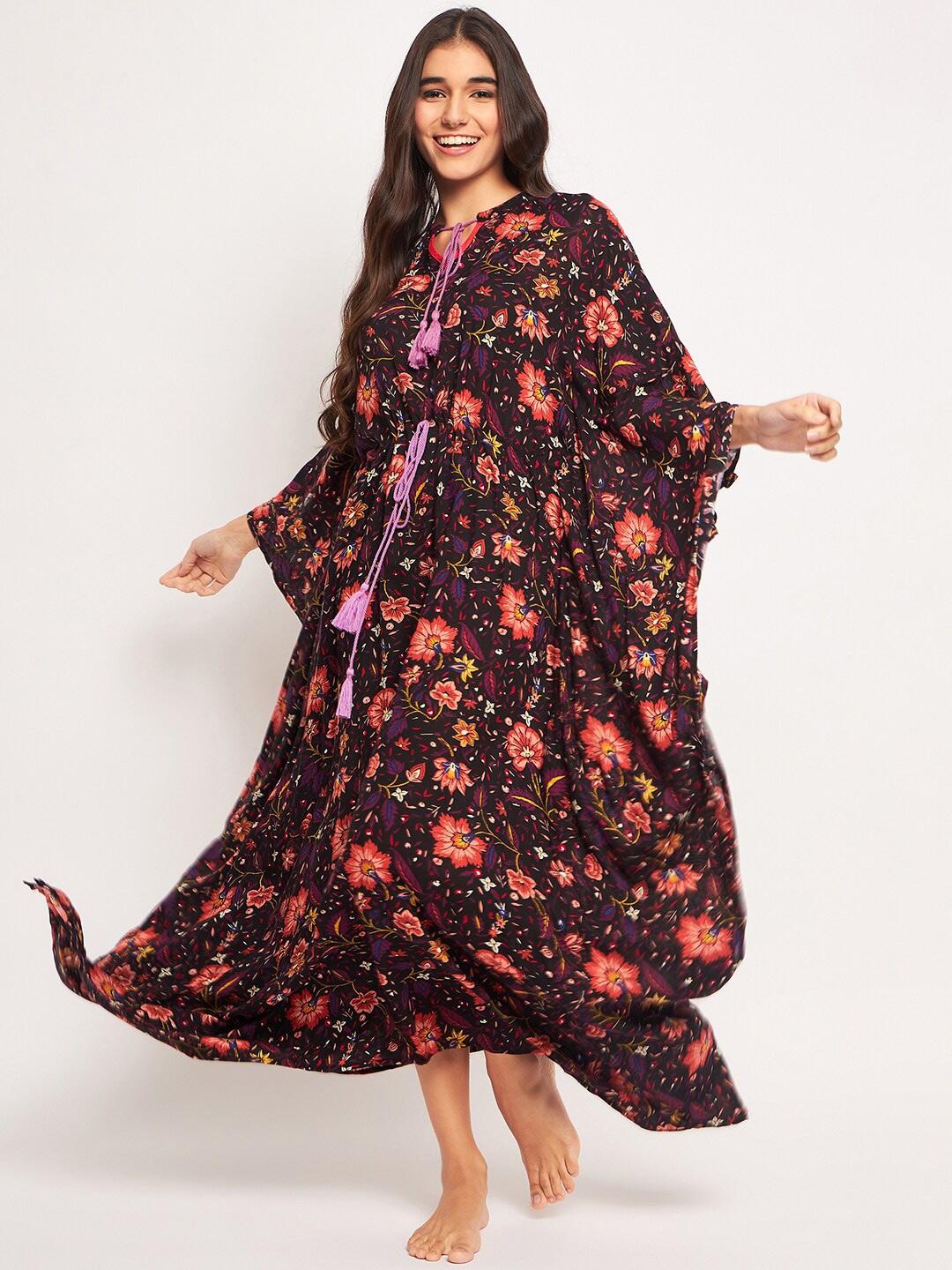 

The Kaftan Company Floral Printed Maxi Kaftan Nightdress, Black