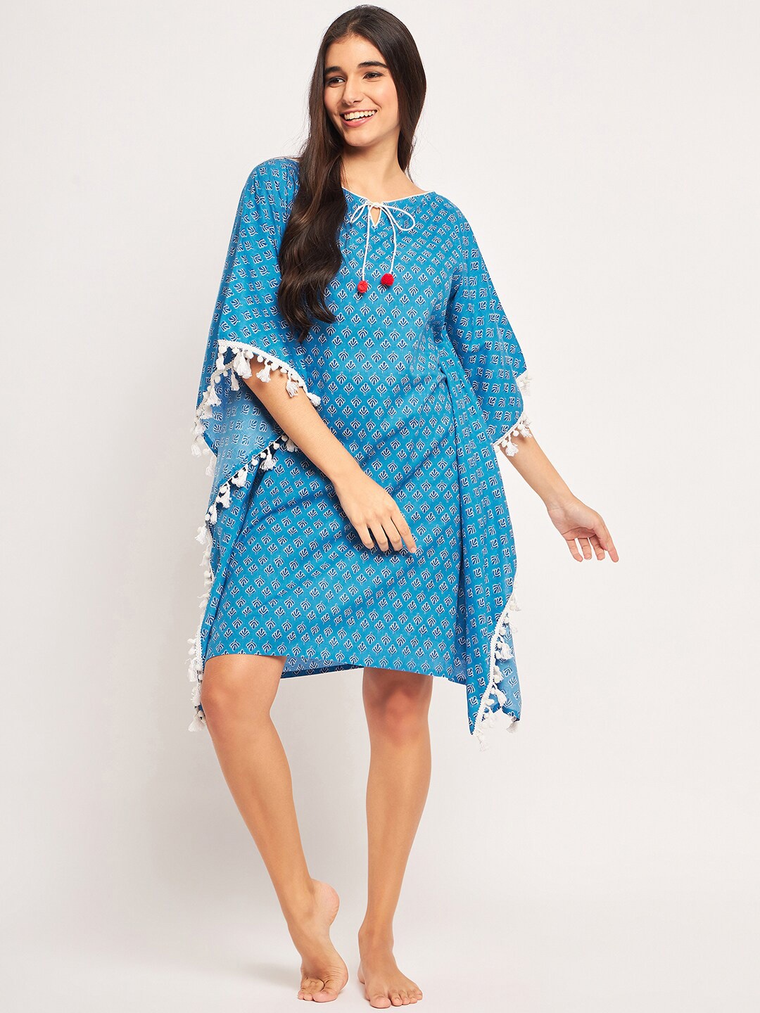 

The Kaftan Company Floral Printed Pure Cotton Nightdress, Blue