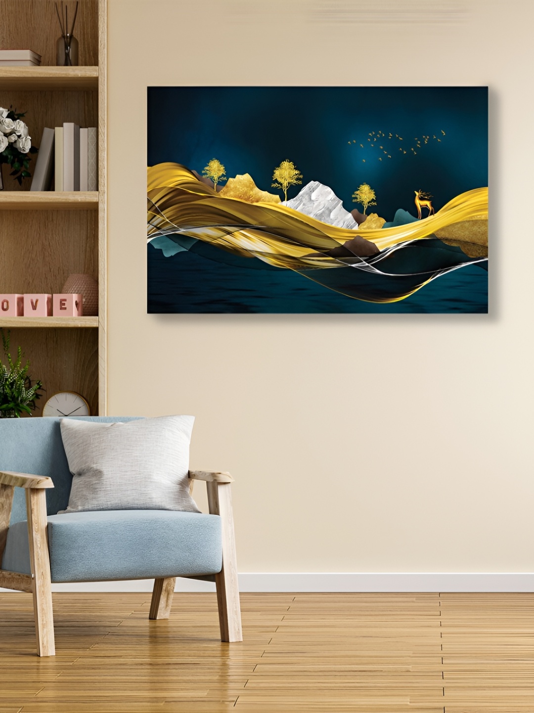 

CVANU Gold Toned & Blue Canvas Painting Wall Art