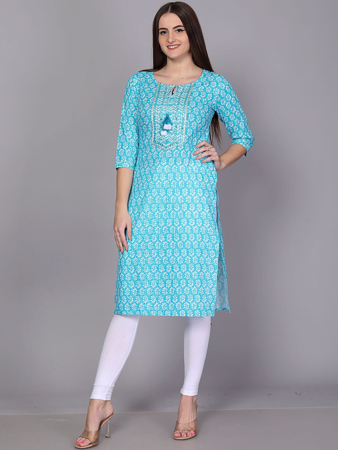 

HIGHLIGHT FASHION EXPORT Ethnic Motifs Printed Mirror Work Cotton Straight Kurta, Blue