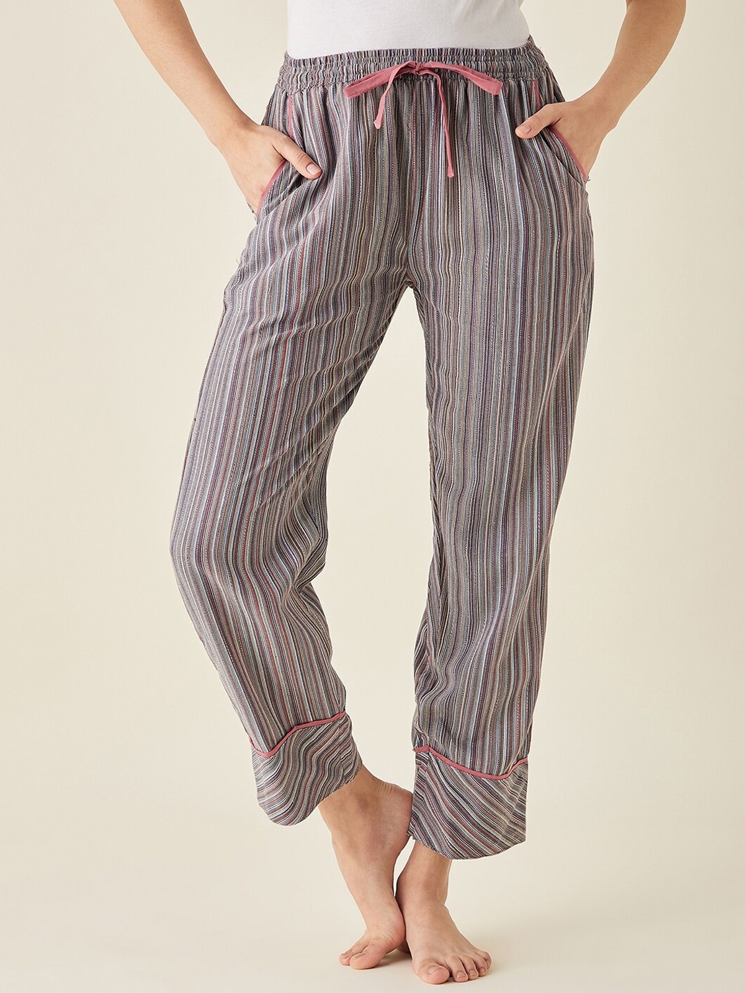 

The Kaftan Company Women Striped Cotton Lounge Pants, Grey