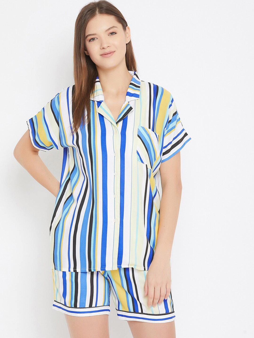

The Kaftan Company Straiped Lapel Collar Night suit, Blue