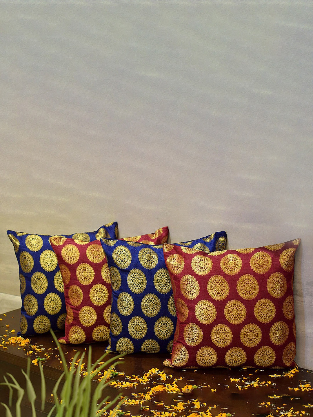 

RoyalDeco Burgundy & Blue 4 Pieces Ethnic Motifs Borcade Square Cushion Covers