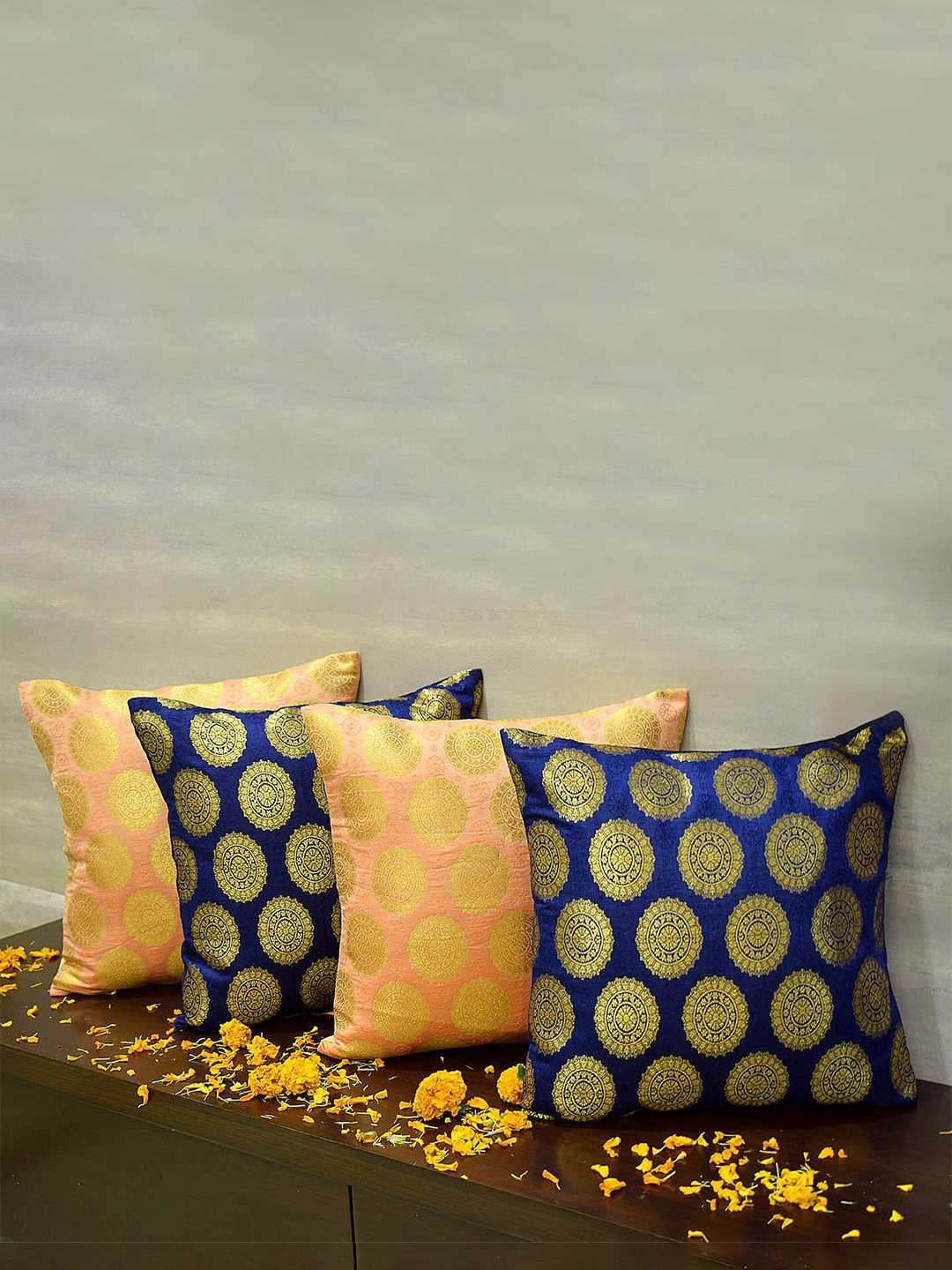 

RoyalDeco Coral & Blue 4 Pieces Ethnic Motifs Borcade Square Cushion Covers