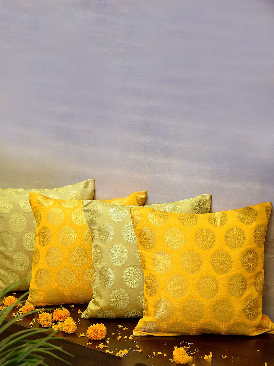

RoyalDeco Yellow & Mustrad 4 Pieces Ethnic Motifs Borcade Square Cushion Covers