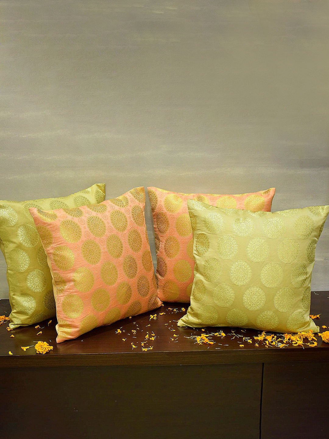 

RoyalDeco Coral & Beige 4 Pieces Ethnic Motifs Borcade Square Cushion Covers