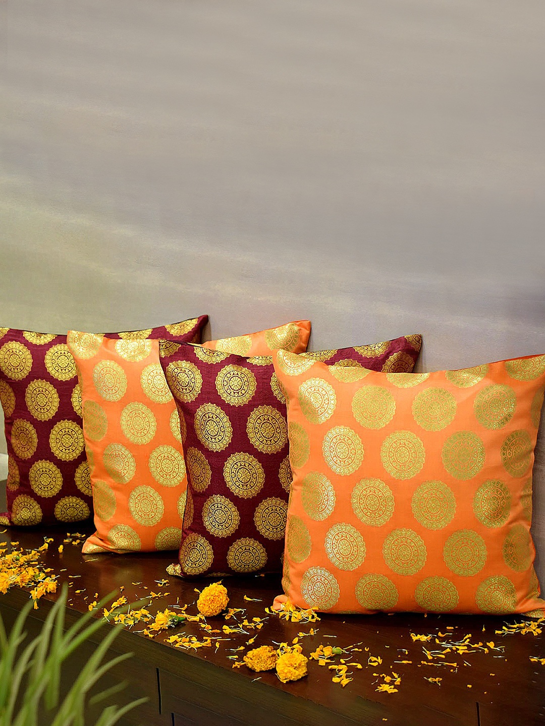 

RoyalDeco Burgundy & Orange 4 Pieces Ethnic Motifs Borcade Square Cushion Covers