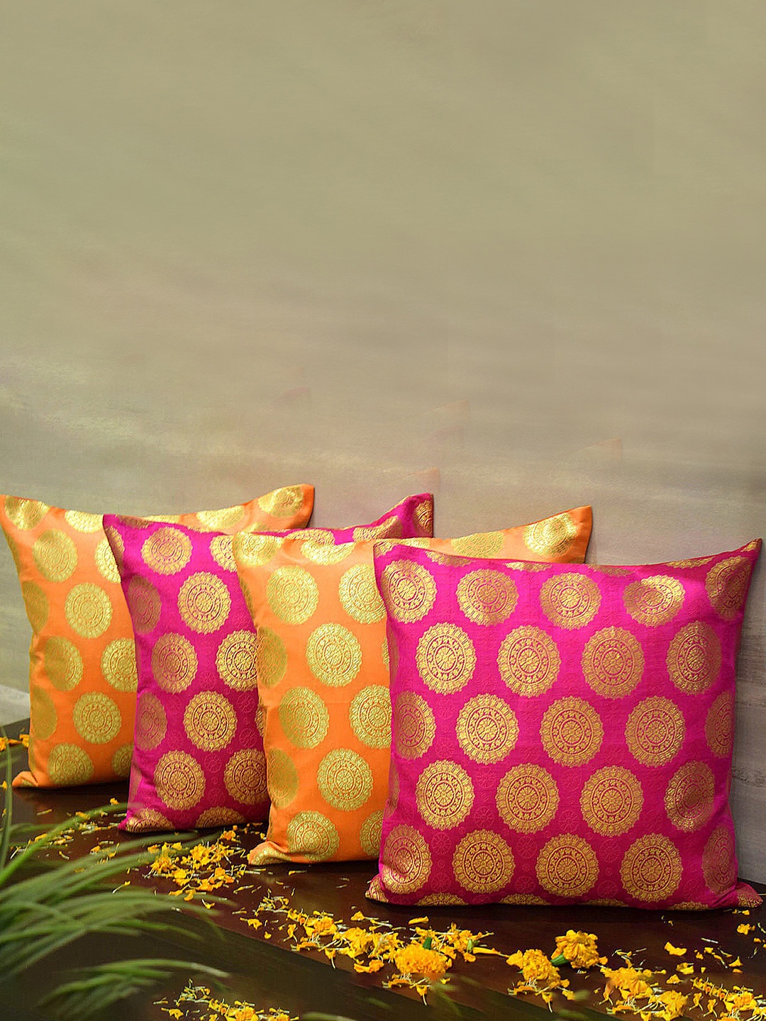 

RoyalDeco Magenta & Orange 4 Pieces Ethnic Motifs Borcade Square Cushion Covers