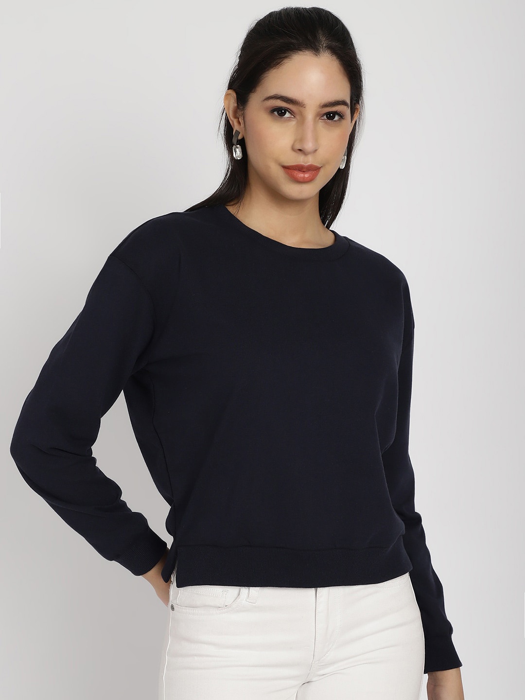 

Rute Round Neck Long Sleeves Cotton Pullover Sweatshirt, Navy blue