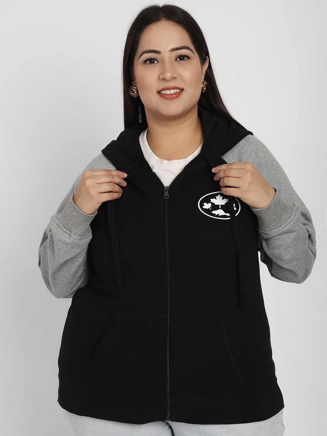 

Rute Plus Size Colourblocked Hooded Cotton Front-Open Sweatshirt, Black