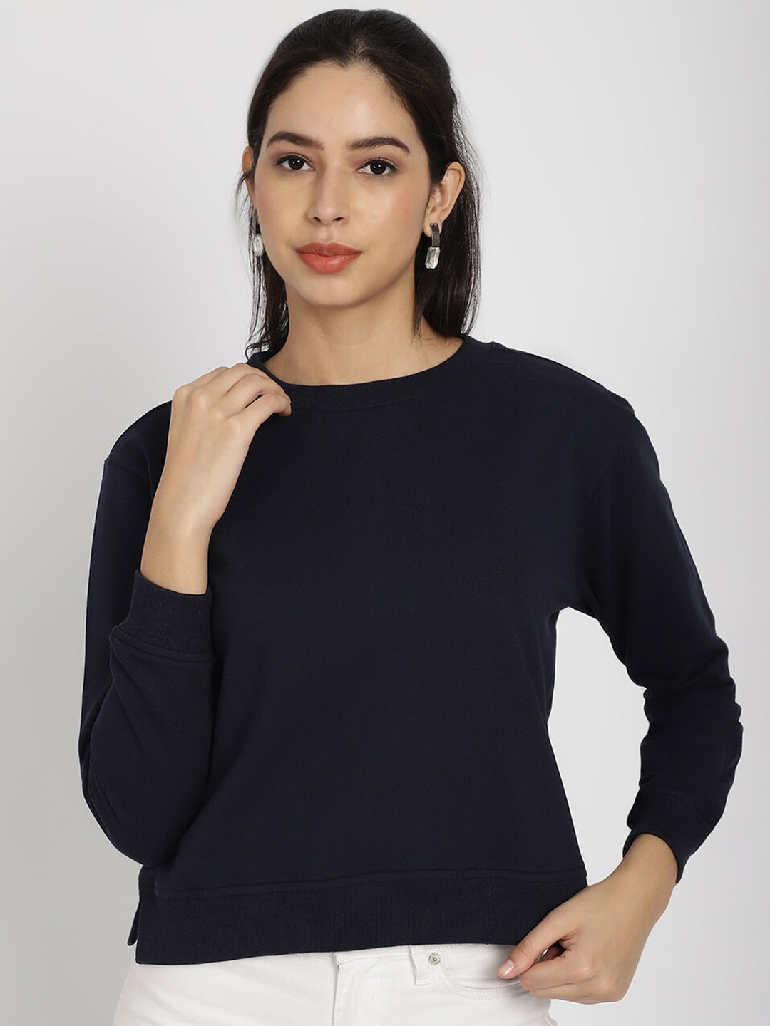 

Rute Round Neck Long Sleeves Cotton Pullover Sweatshirt, Navy blue