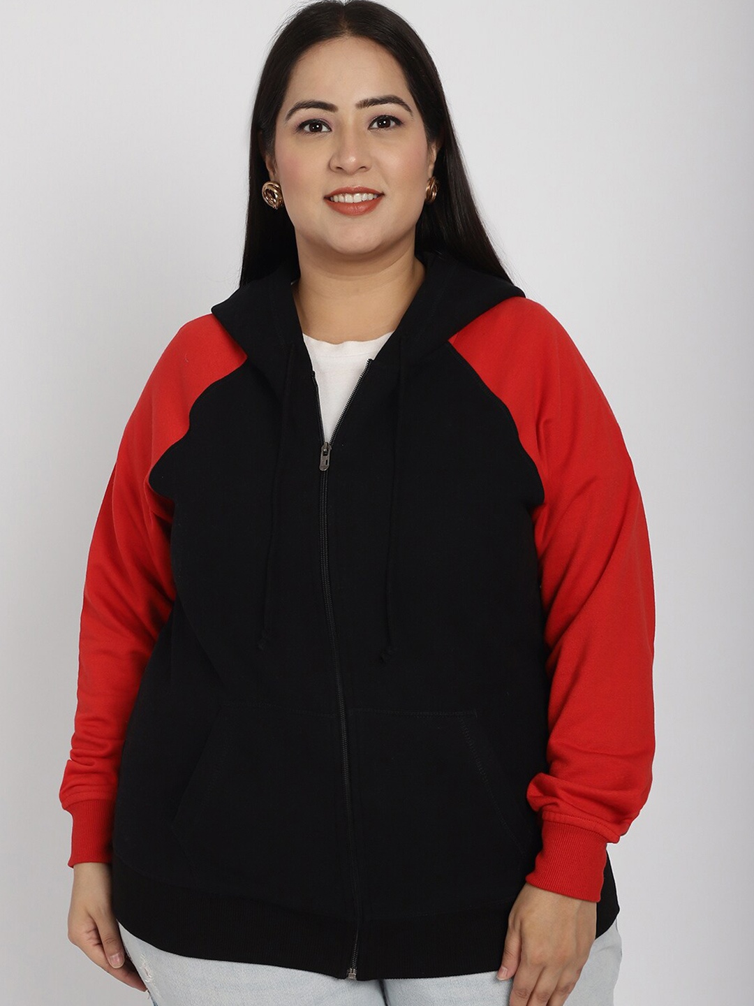 

Rute Plus Size Colourblocked Hooded Neck Long Sleeve Zip Detail Front-Open Sweatshirt, Black