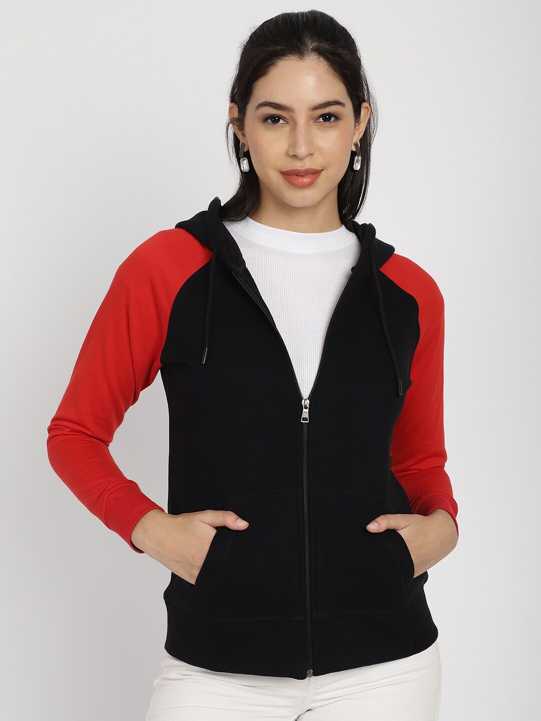 

Rute Colourblocked Hooded Neck Long Sleeve Zip Detail Front-Open Sweatshirt, Black