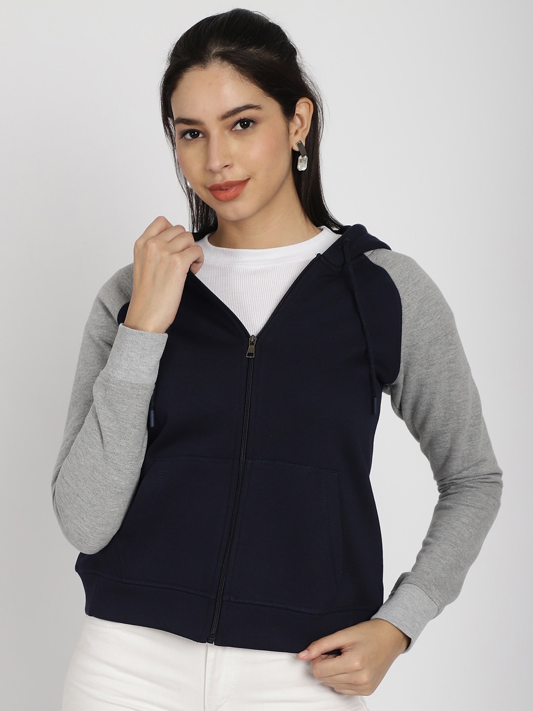 

Rute Hooded Cotton Front Open Sweatshirt, Navy blue