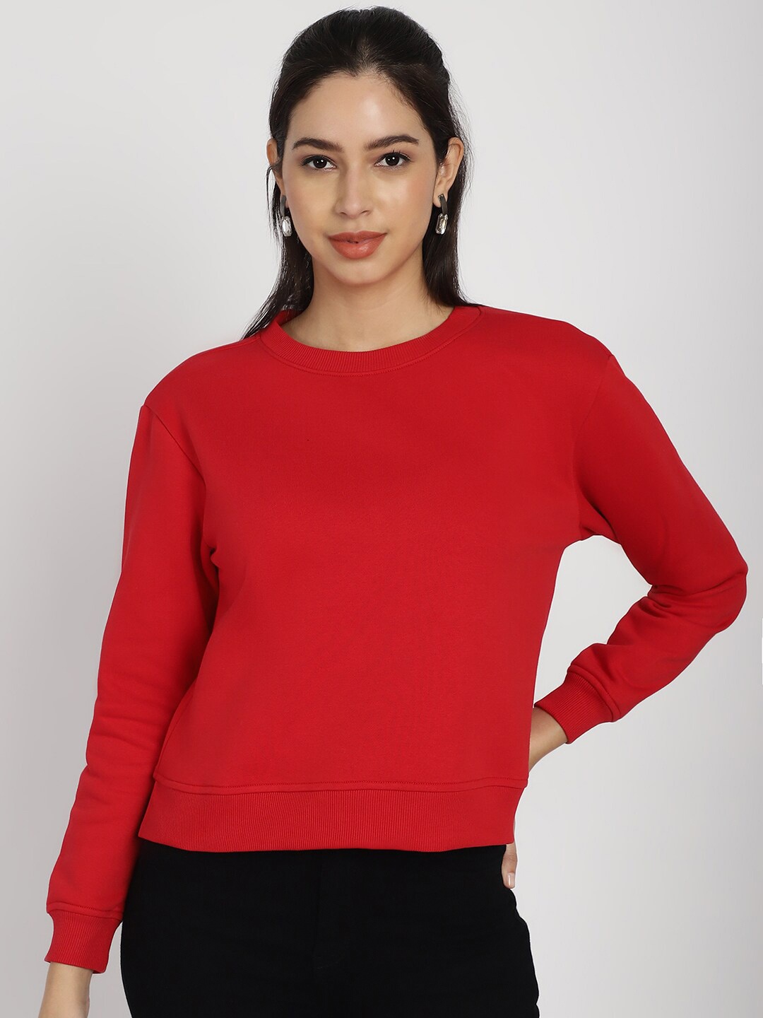 

Rute Round Neck Long Sleeves Cotton Pullover Sweatshirt, Red