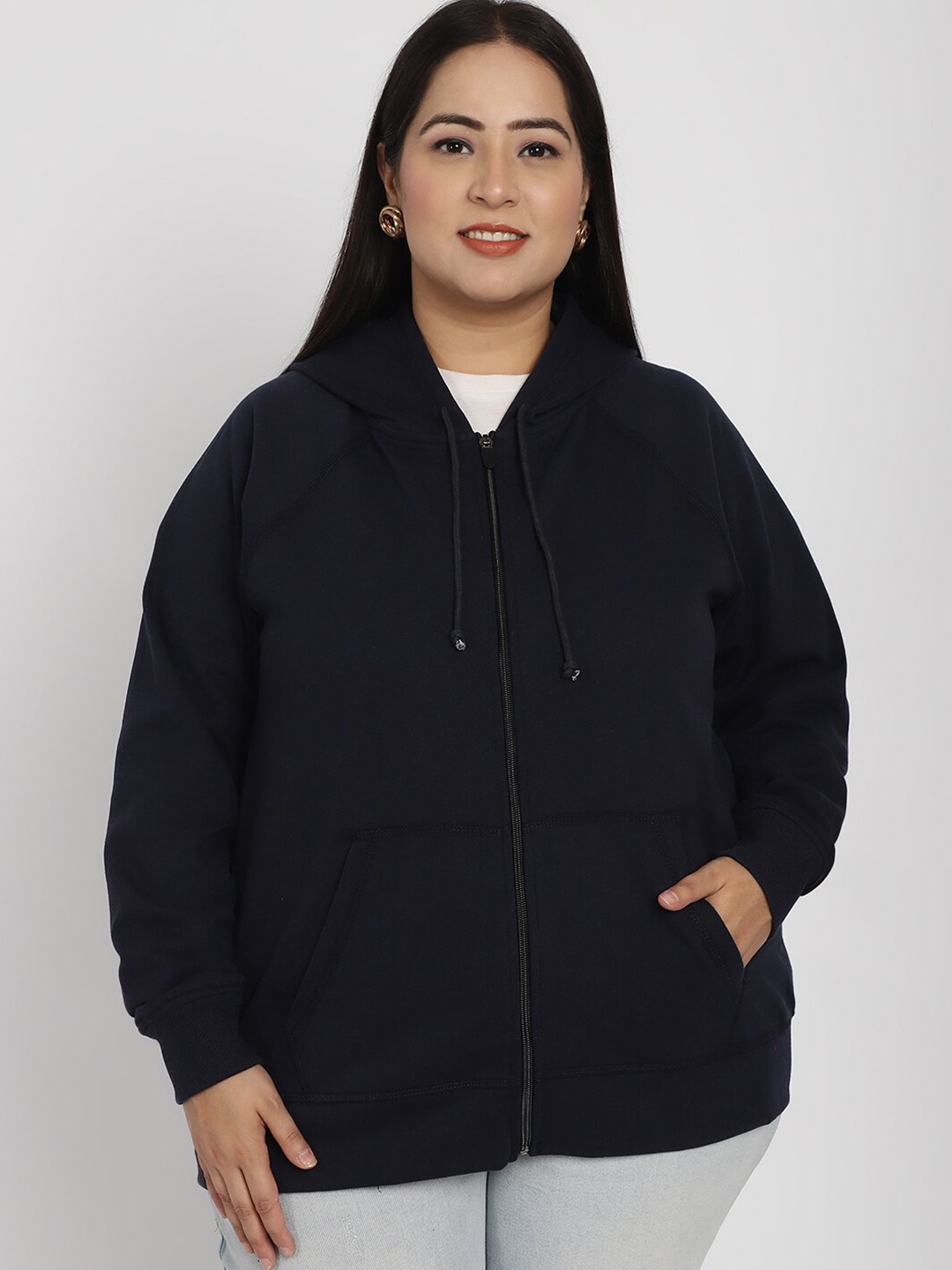 

Rute Plus Size Hooded Cotton Front Open Sweatshirt, Navy blue