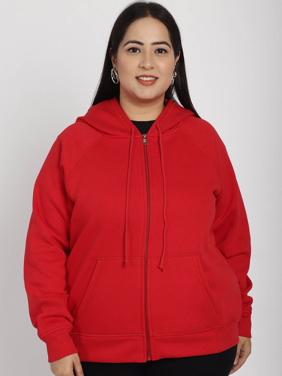 

Rute Plus Size Hooded Neck Long Sleeve Zip Detail Cotton Front-Open Sweatshirt, Red