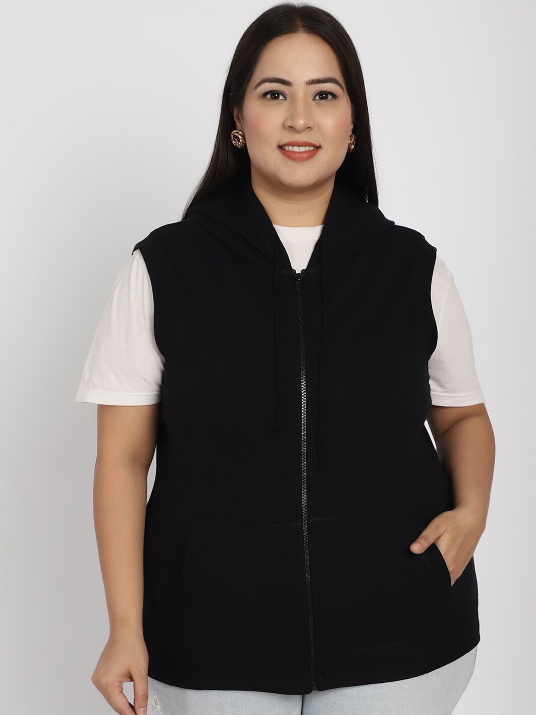 

Rute Plus Size Hooded Cotton Front Open Sweatshirt, Black