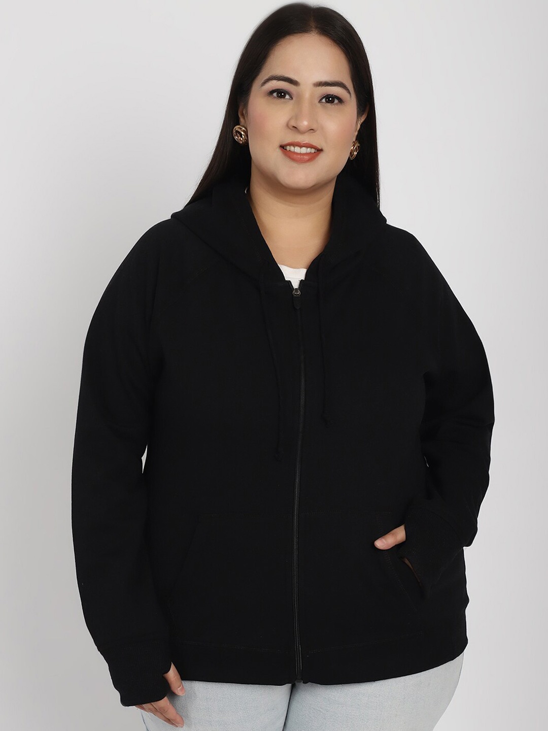 

Rute Plus Size Hooded Cotton Front Open Sweatshirt, Black