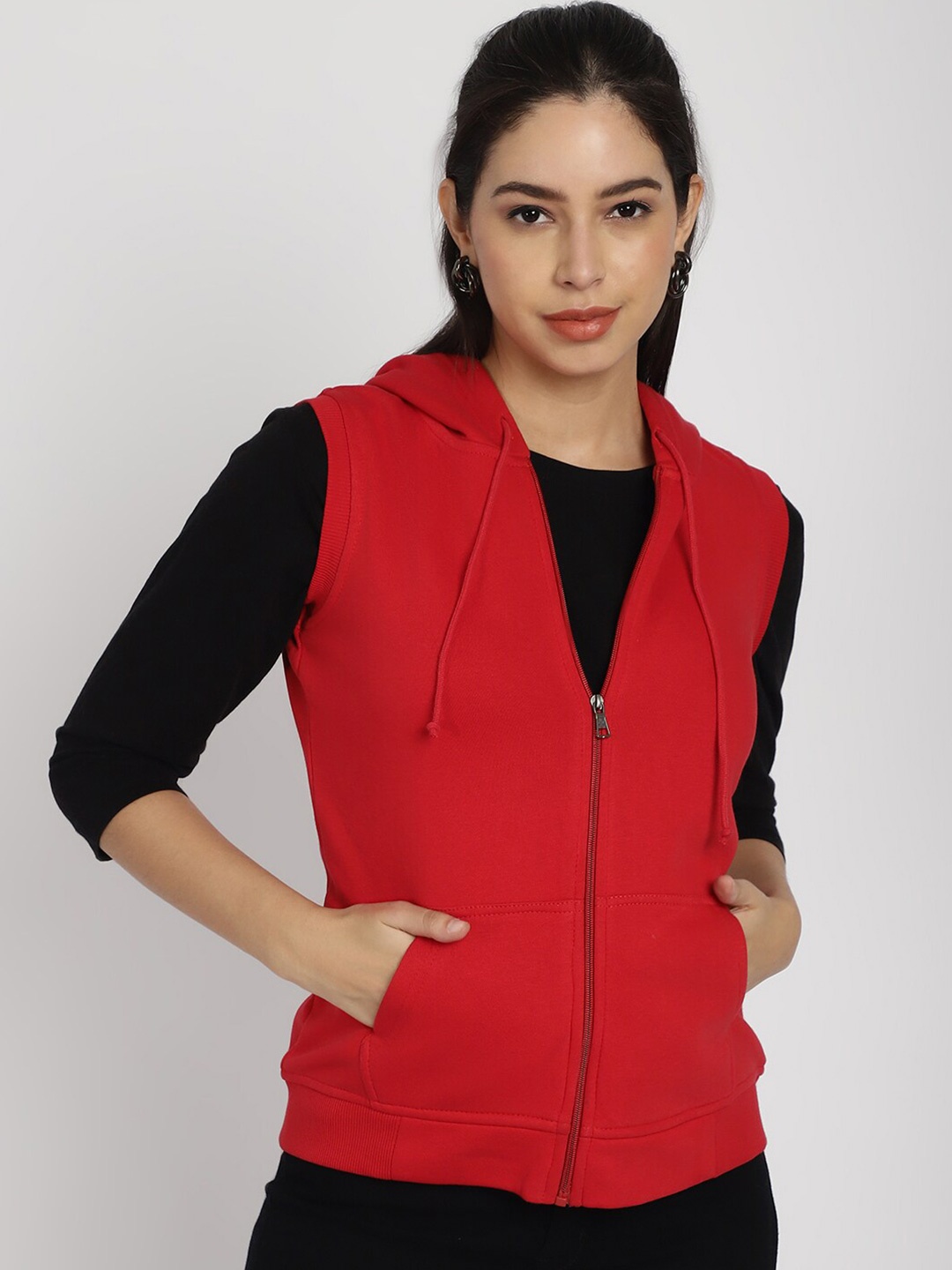 

Rute Hooded Sleeveless Cotton Front-Open Sweatshirt, Red