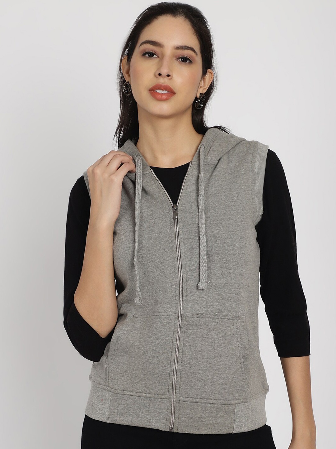 

Rute Hooded Neck Sleeveless Zip Detail Cotton Front-Open Sweatshirt, Grey