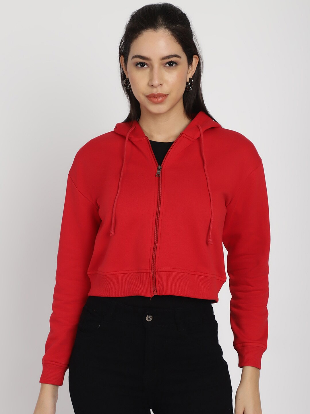 

Rute Hooded Cotton Front-Open Crop Sweatshirt, Red