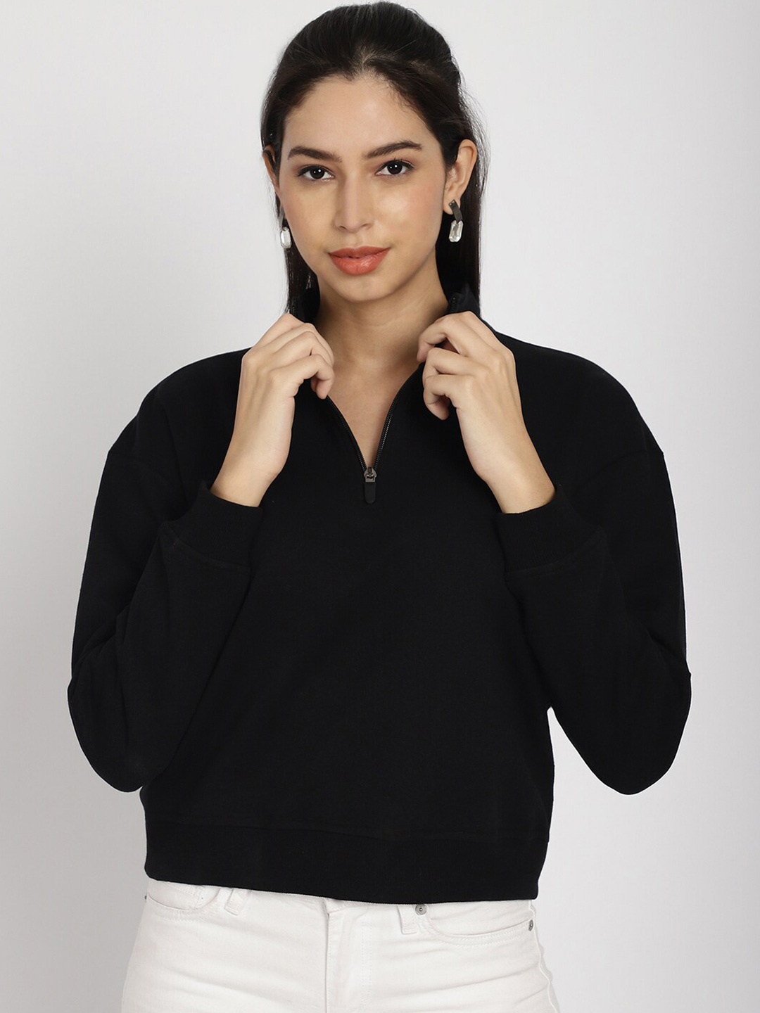 

Rute Mock Collar Cotton Pullover Sweatshirt, Black