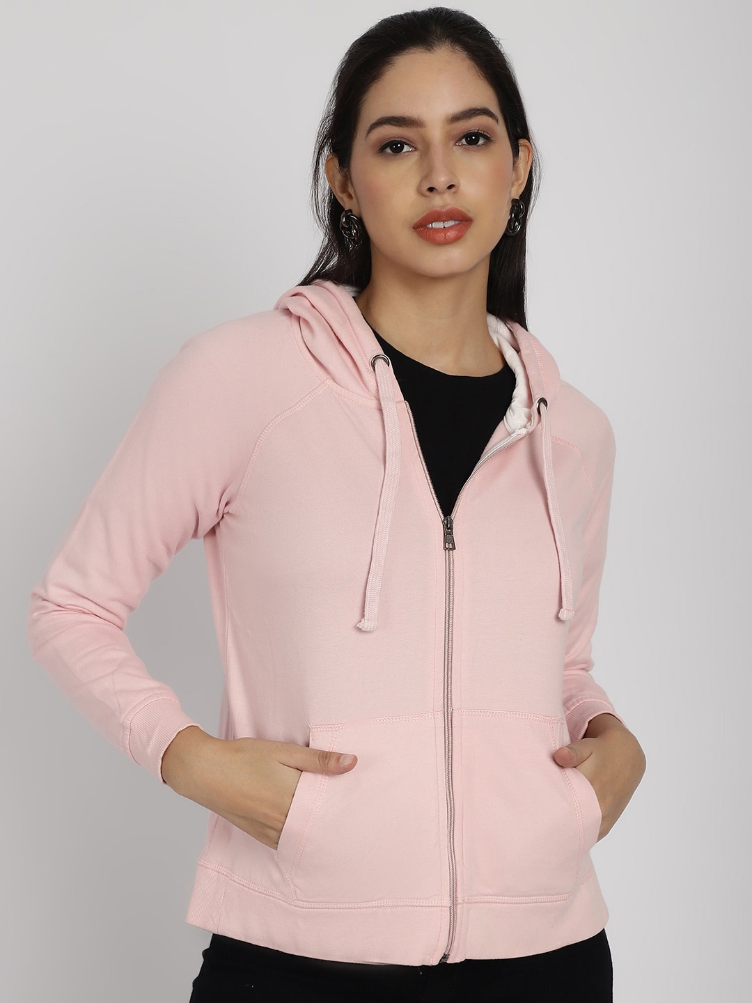 

Rute Hooded Neck Long Sleeve Zip Detail Cotton Front-Open Sweatshirt, Pink