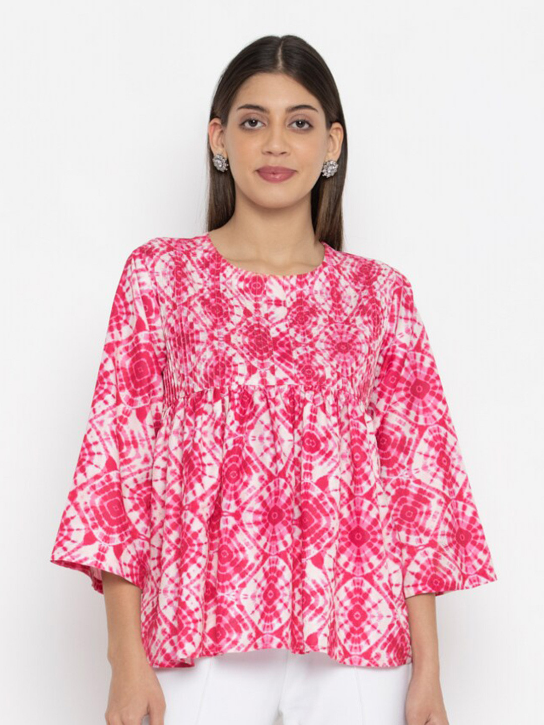

SEW YOU SOON Geometric Printed Flared Sleeves Gathered Peplum Top, White