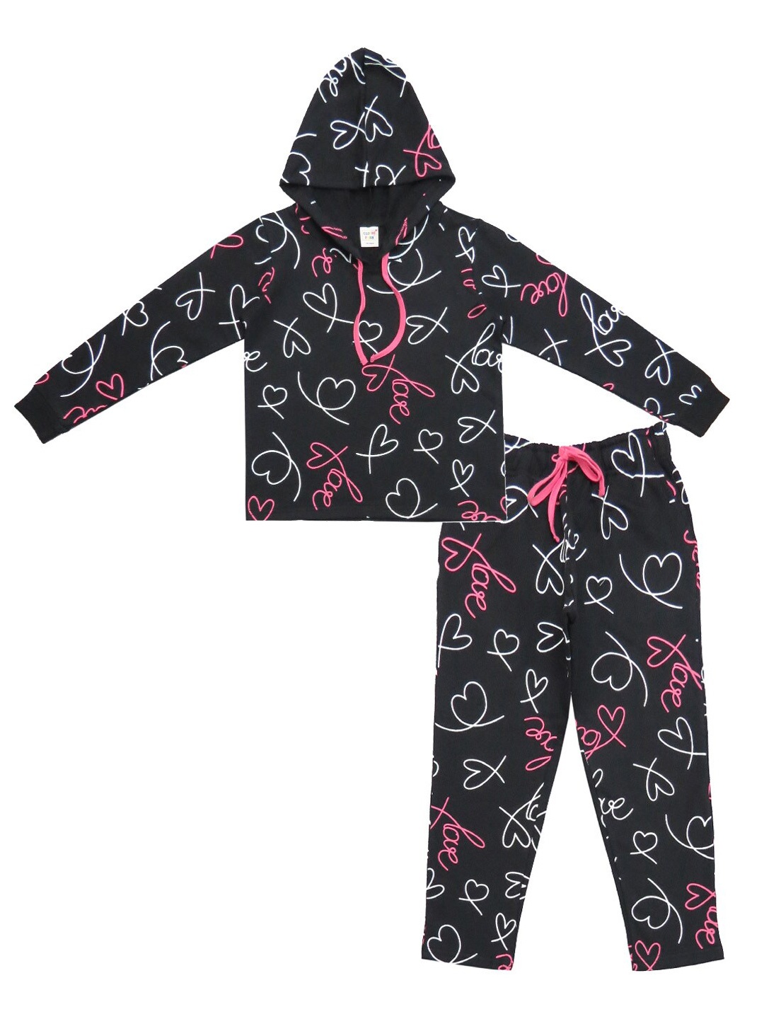 

Clothe Funn Girls Printed Hooded Pure Cotton T-shirt With Trousers, Black