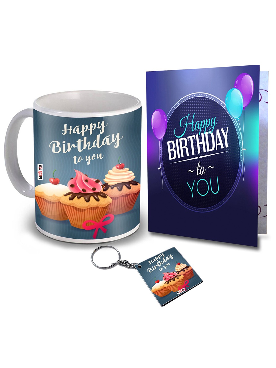 

ME & YOU Grey & Blue 3 Pieces Slogans Printed Ceramic Glossy Mug & Card with Keychain