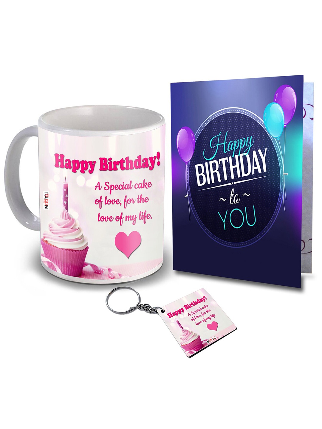 

ME & YOU White & Blue 3 Pieces Slogans Printed Ceramic Glossy Mug & Card with Keychain