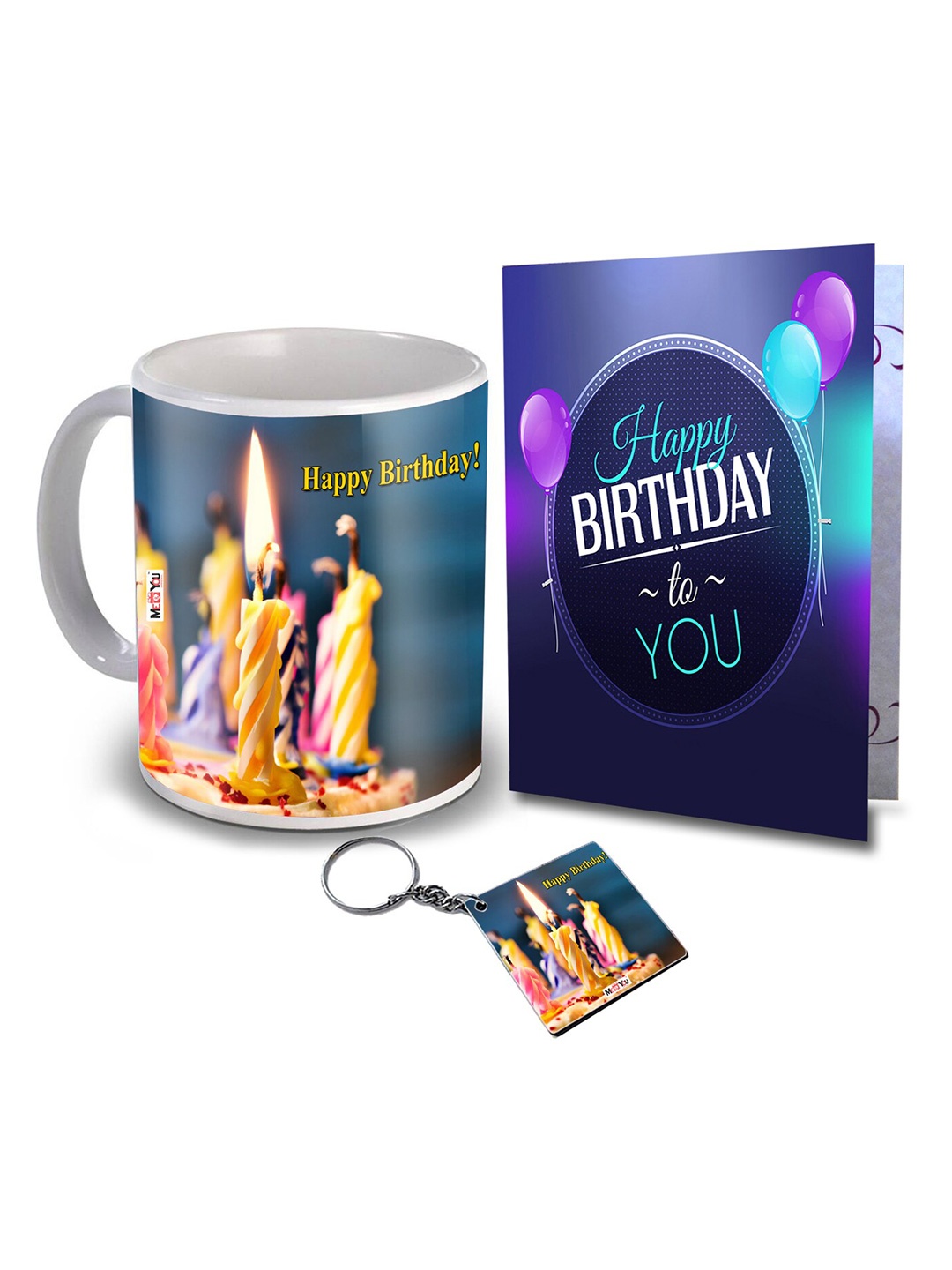 

ME & YOU Grey & Blue 3 Pieces Slogans Printed Ceramic Glossy Mug & Card with Keychain