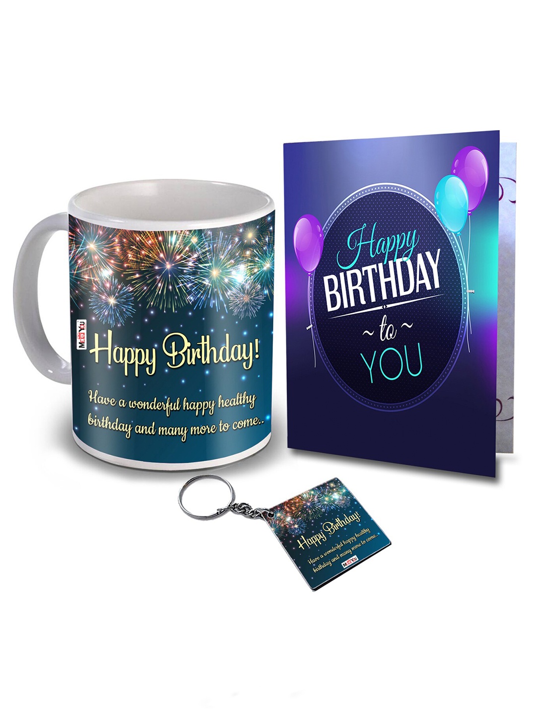 

ME & YOU Green & Blue 3 Pieces Slogans Printed Ceramic Glossy Mug & Card with Keychain