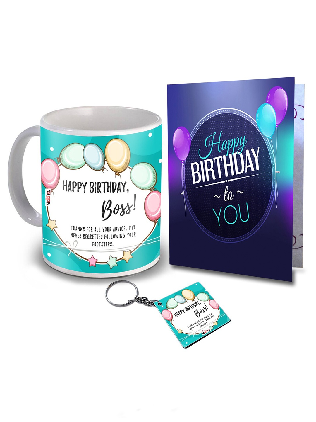

ME & YOU White & Blue 3 Pieces Slogans Printed Ceramic Glossy Mug & Card with Keychain