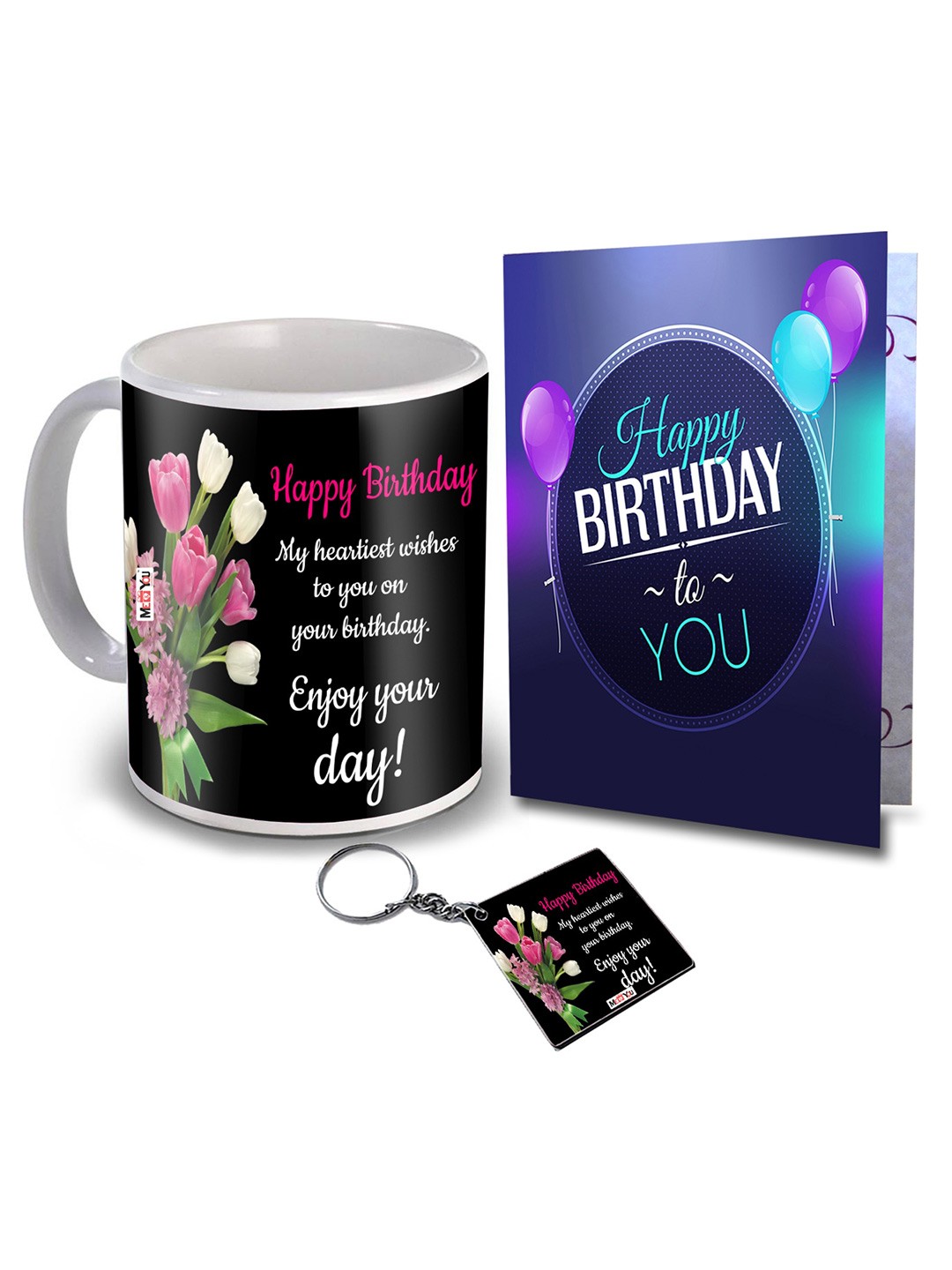 

ME & YOU Black & Blue 3 Pieces Slogans Printed Ceramic Glossy Mug & Card with Keychain