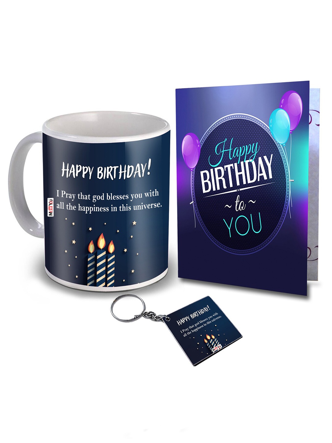 

ME & YOU Blue 3 Pieces Slogans Printed Ceramic Glossy Mug & Card with Keychain 325 ml, Navy blue