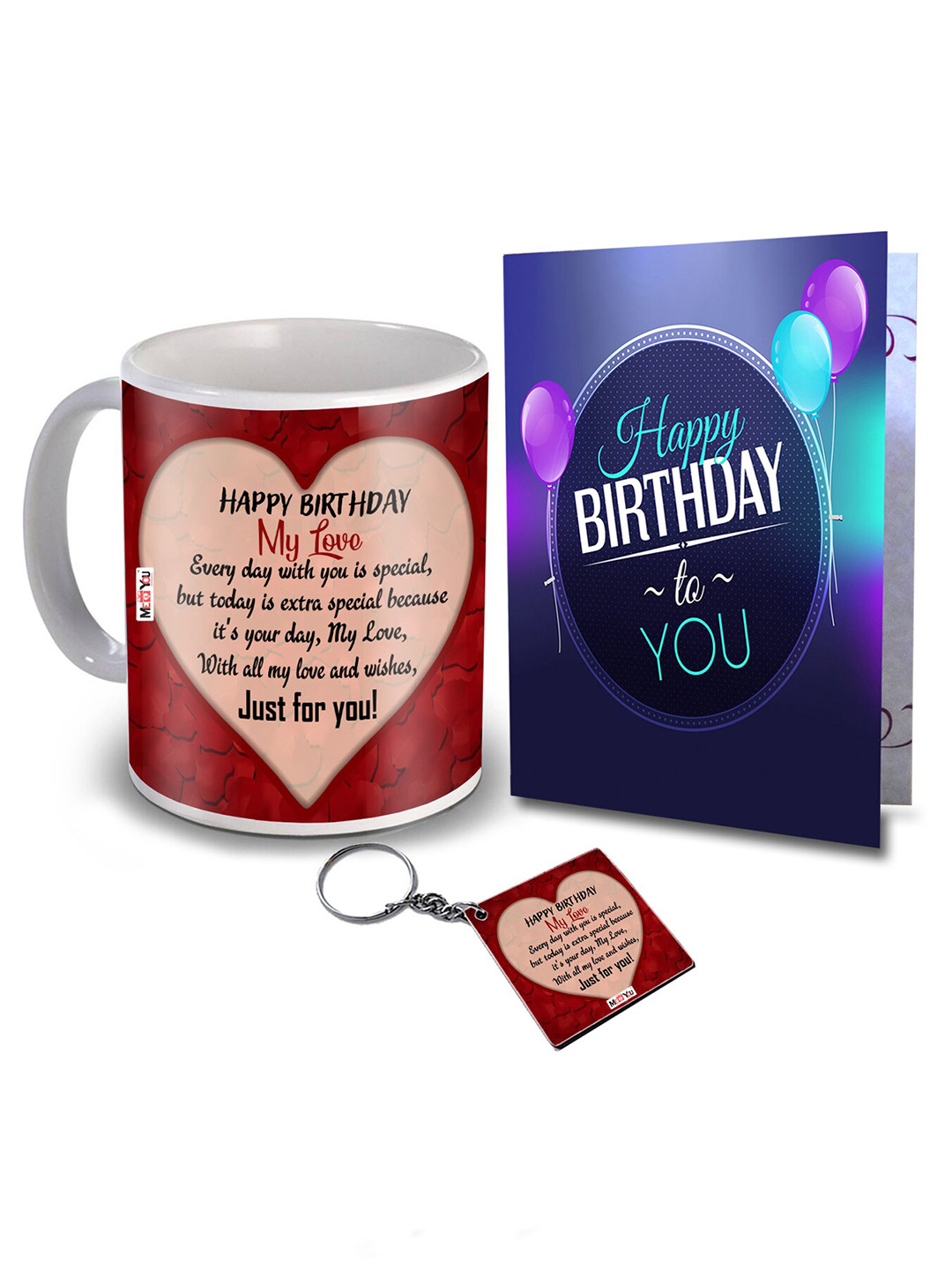 

ME & YOU Red 3 pcs Coffee Mug Birthday Greeting Card & Keychain Home Gift Set