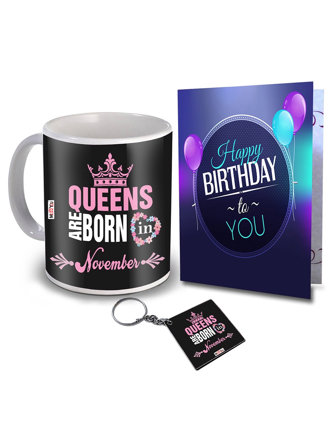 

ME & YOU Black 3pcs Slogans Printed Ceramic Glossy Mug & Card with Keychain 325 ml